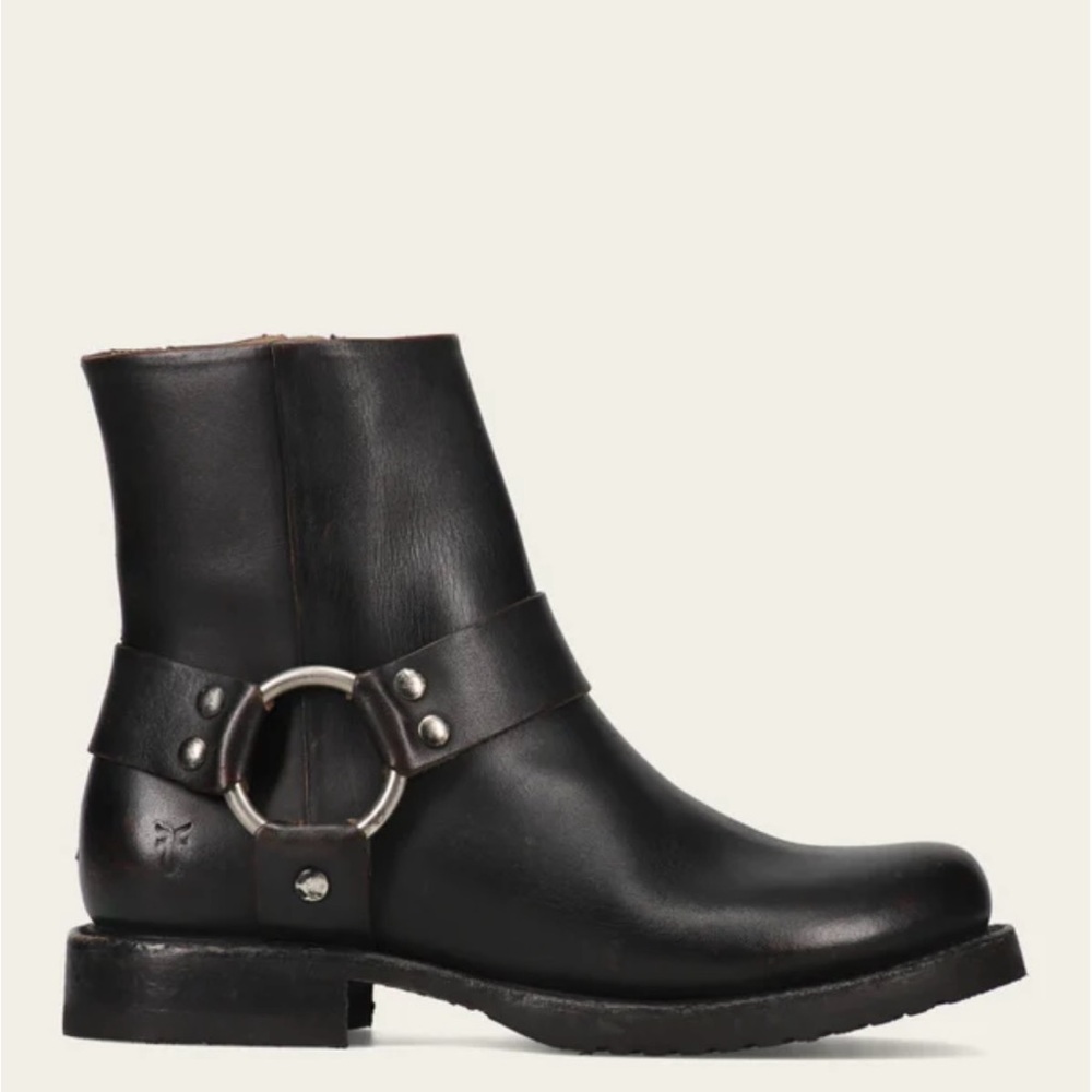 Frye Black Leather Harness Ankle Boots
